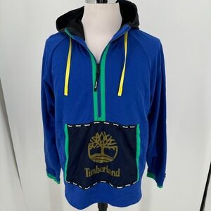 Timberland YC Pullover MENS Relaxed Fit Blue Black 1/2 Zip Hooded SIZE MEDIUM